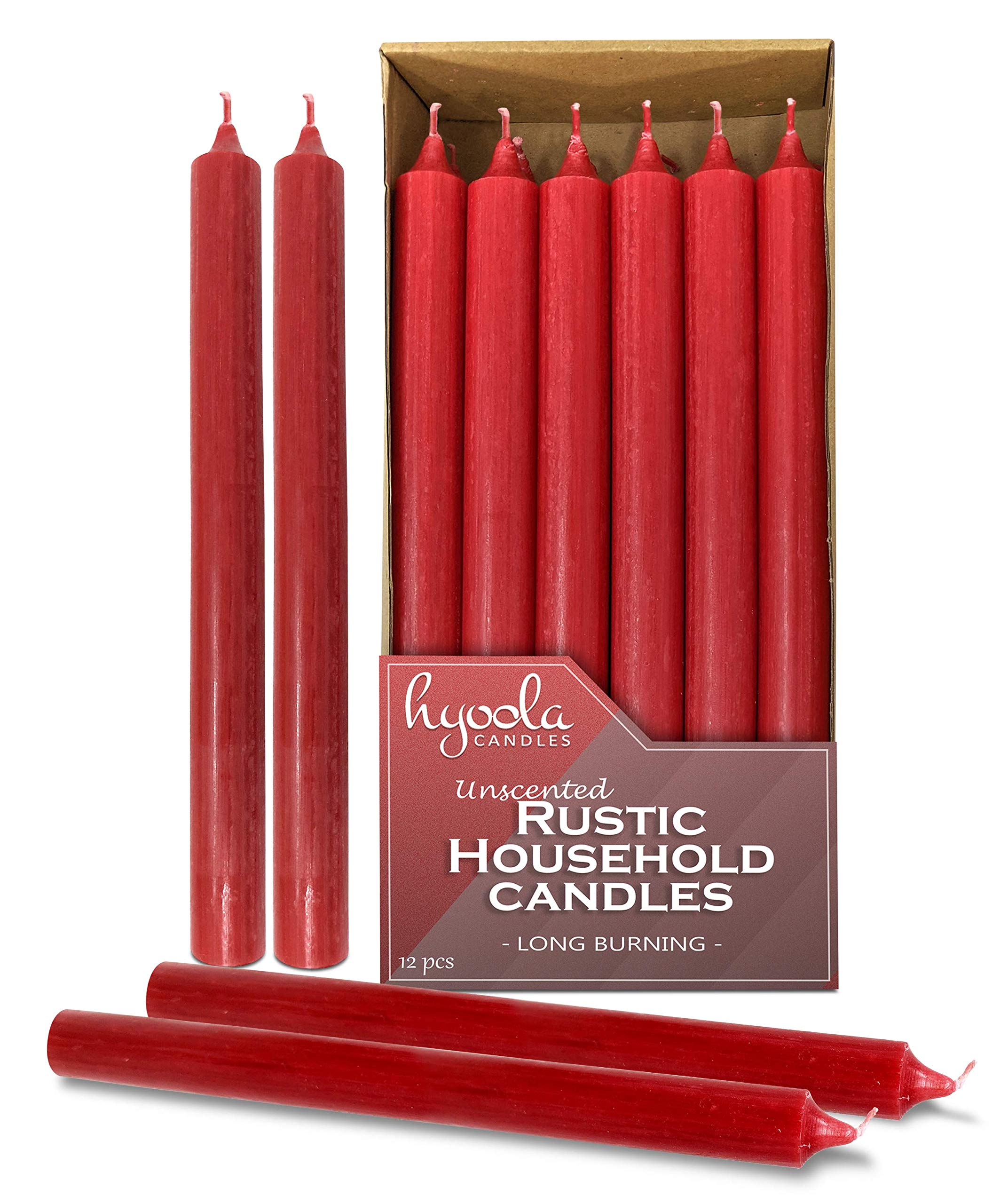 Hyoola Red Dinner Candles - 250 mm (10 Inch) - 12 Pack - Rustic Unscented Long Burning Candles - 10 Hour Burn Time