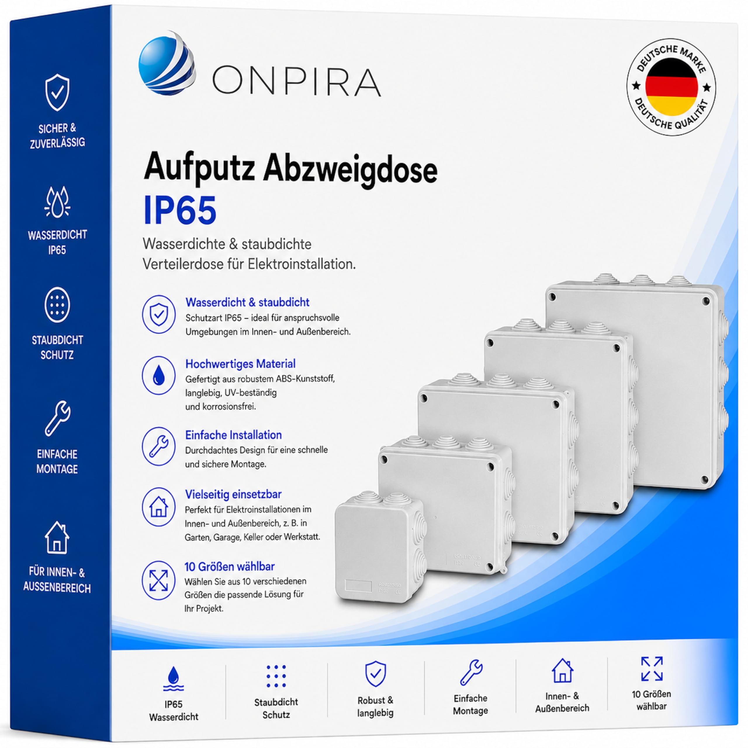 Onpira® Aufputz Abzweigdose IP65 – Wasserdichte & staubdichte Verteilerdose für Elektroinstallation, Anschlussdose/Abzweigkasten aus ABS, für Innen- & Außenbereich, 10 Größen auswählbar(150x110x70mm)