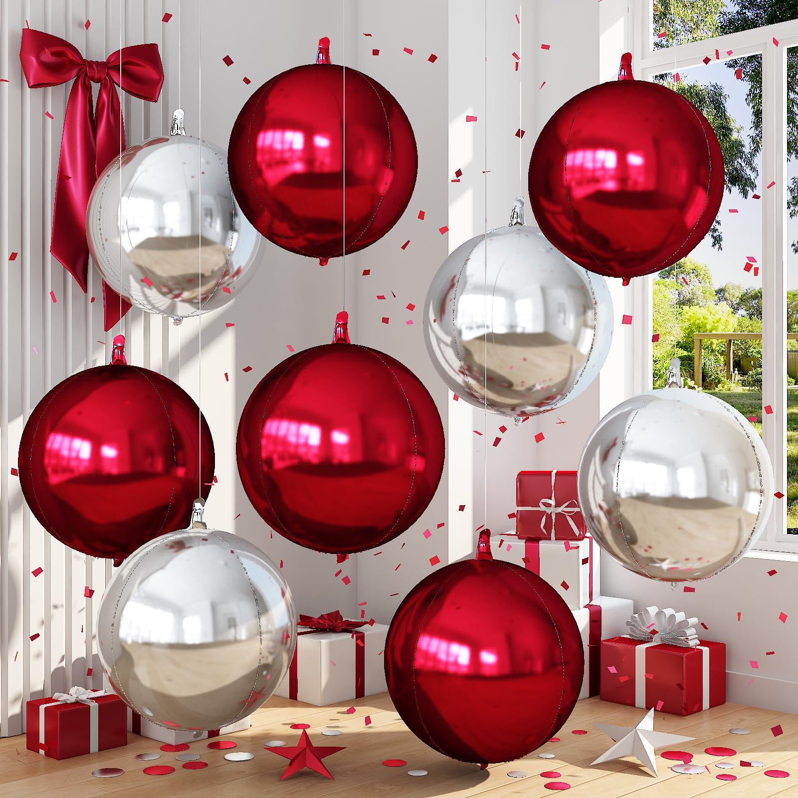 Froova 9 Pcs Burgundy Silver Round Foil Balloons Maroon Wine Red Metallic Silver Chrome 4D Ball Balloons 22 In Orbz Mylar Balloon for Graduation Grad Birthday Wedding Anniversary Party Decorations