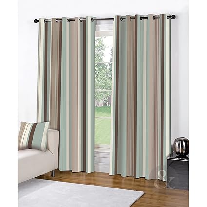 Modern Stripe Eyelet Curtains Fully Lined Cream Brown Duck Egg