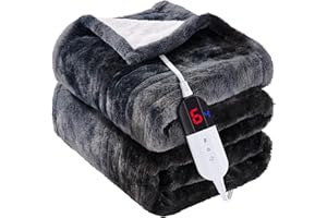 HYLEORY Electric Heated Blanket Throw 50"x60", Super Soft Flannel Heating Blanket with 8 Hours Auto Off 10 Fast Heating Levels Sherpa Heated Blanket with Overheating Protection, ETL Certification,Black