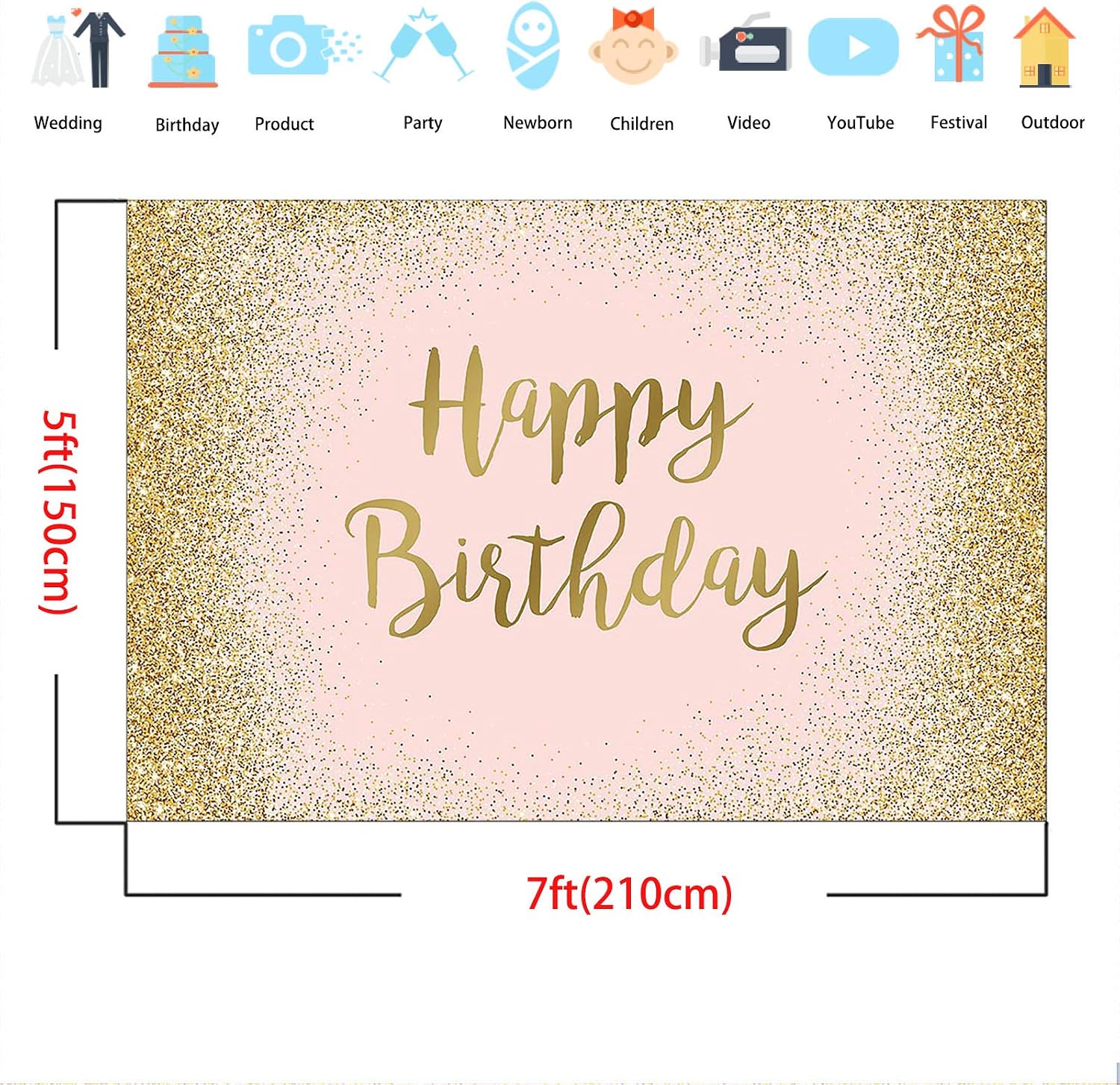 Avezano Gold Happy Birthday Backdrop for Women & Girls - Pink & Rose Gold Glitter Birthday Party Decorations - 2.1x1.5m - Image 5