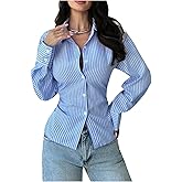 GORGLITTER Women's Striped Cinched Waist Tops Dressy Long Sleeve Button Up Shirt Lace Up Back Collared Casual Blouses
