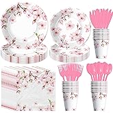 APOWBLS Cherry Blossom Flowers Party Decorations Tableware, Cherry Blossom Party Supplies For Birthday, Baby, Bridal Shower, Plate, Cup, Napkin, Cutlery, Spring Floral Table Decorations, Serves 24