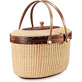 Teng Tian Nantucket Style Basket Picnic Basket Rattan Handmade Products Woven Sewing Storage Basket Two Swing Handles Tote Bag for Women