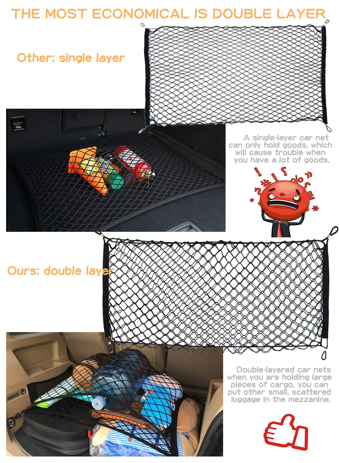 3PCS Adjustable Envelope Trunk Cargo Net with Hooks for Car SUV Truck