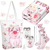 Reginary 4 Pcs Pig Lovers Gift for Women Mom Stainless Steel Pig Tumbler with Lid Straw Canvas Tote Bag in Blanket Socks for Employee Appreciation Mother's Day Birthday Gift