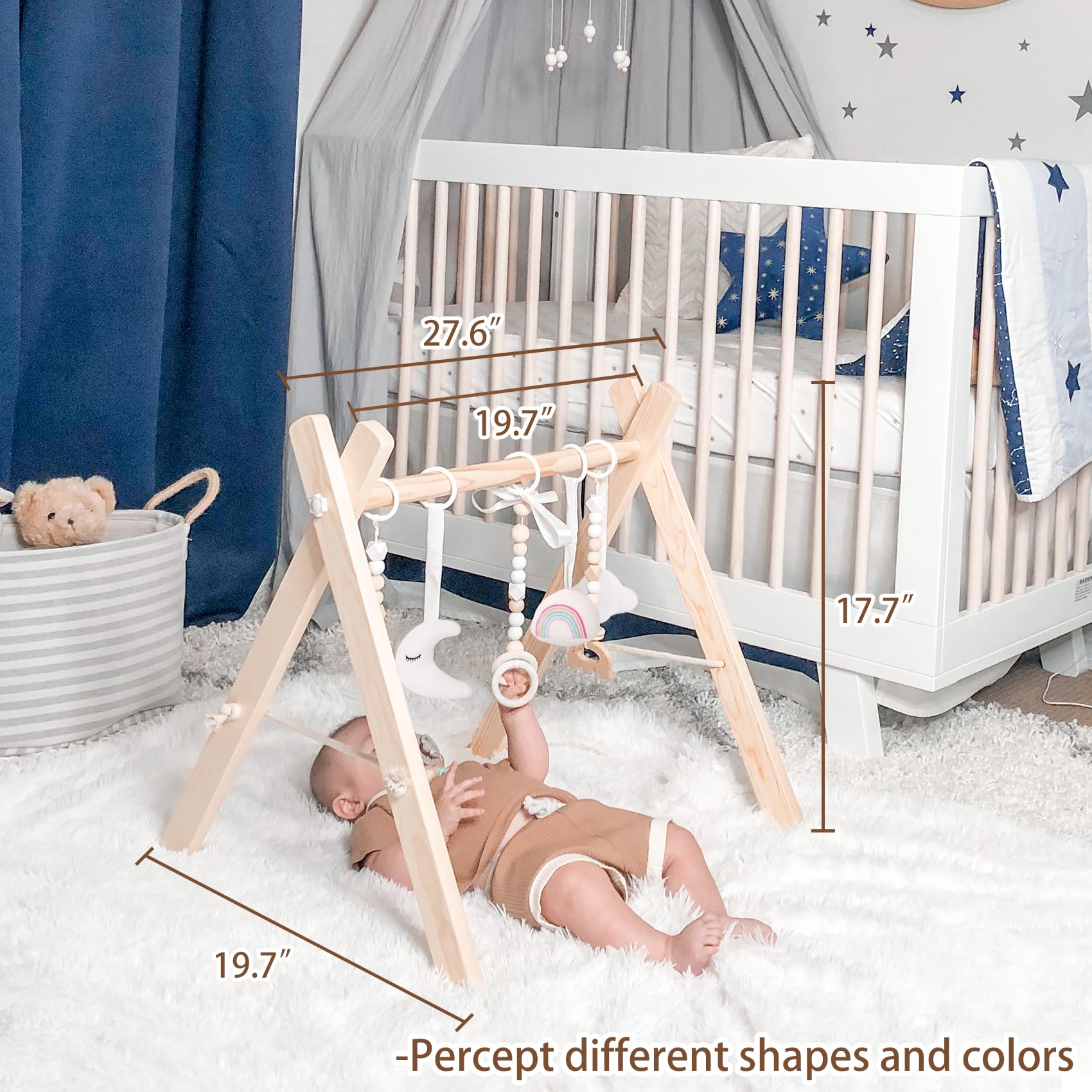 Wooden Baby Gym with 6 Gym Toys, Foldable Baby Play Gym, Natural Pine Wood Play Gym, Frame Activity Center Hanging Bar, Wooden Play Gym