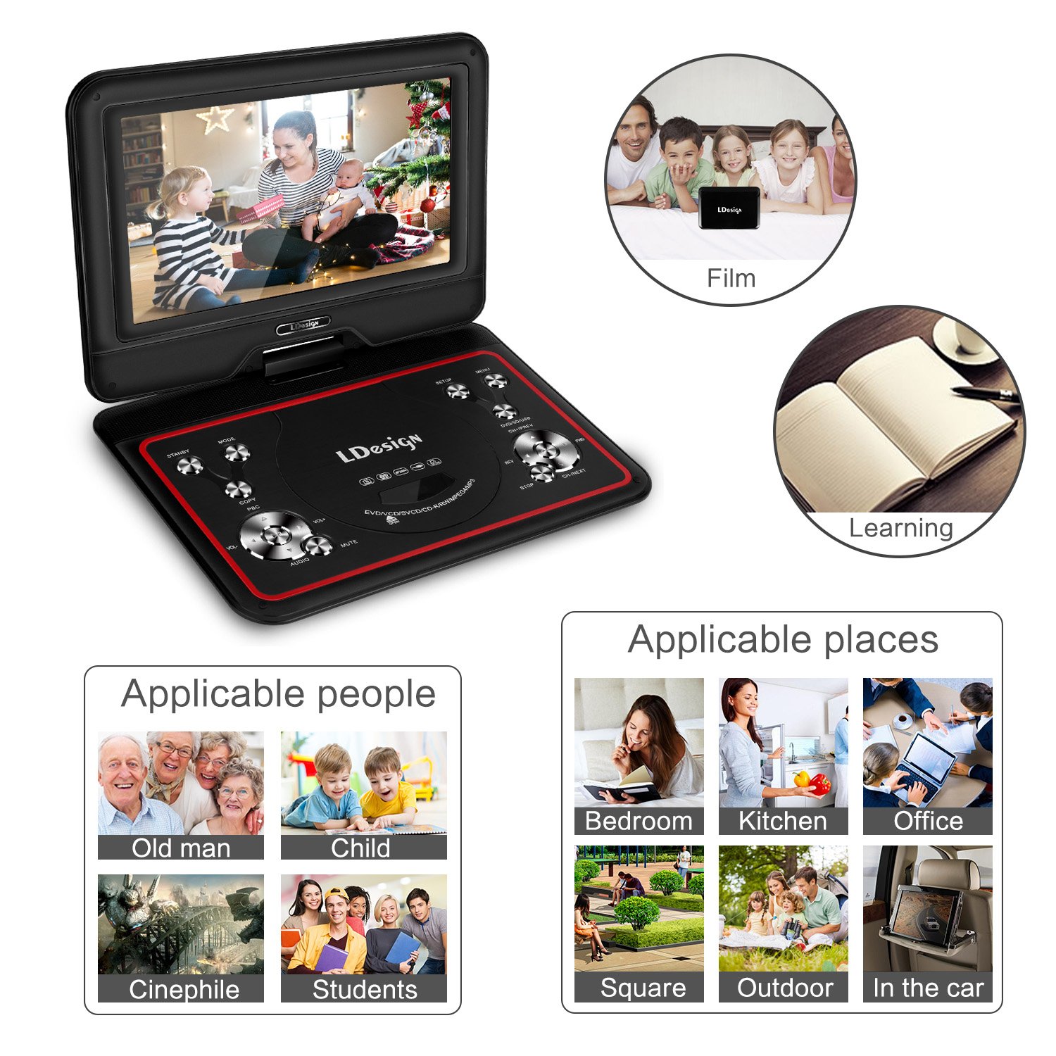 10.5-Inch Portable DVD Player, LDesign Headrest DVD Player for Car with Swivel Screen, 4-Hour Rechargeable Battery, SD Card & USB Port Read, Remote Control, Multi Media Play and Charge in Car Support