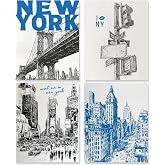 WDSFHYJK Trendy Retro New York City Wall Art Decor Set of 4, Blue and Black Ink Cityscape Skyline NYC Travel Poster Prints Pictures for Home Living Room Bedroom Decor, 8x10 Unframed