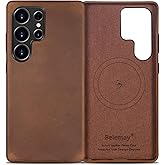 Belemay Leather Case for Samsung Galaxy S25 Ultra Compatible with Magsafe, Premium Crazy Horse Leather [Vintage Aesthetic] Unique Patina, Comfort & Soft Grip, Metal Buttons, Classic Brown