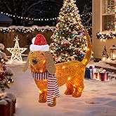 Christmas Lighted Dog Outdoor Decoration, 2.3 FT Pre-lit 3D Plush Tinsel Dachshund Wiener Dog Decor with Santa Hat & Scarf, 45 LED Lights Light Up Xmas Eve Displays for Holiday Indoor Lawn Garden Yard