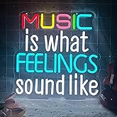 Music Is What Feelings Sound Like Neon Sign, Dimmable Music Led Neon Light with Bracket, Colorful Letter Neon Light Up Sign for Bedroom Recording Studio Party Man Cave Bar Wall Decoration
