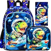 UFNDC 3PCS Dinosaur Backpack for Boys, Kids Space Bookbag with Lunch Box, 16" Water Resistant Rocket School Bag for Elementary Preschool Toddler