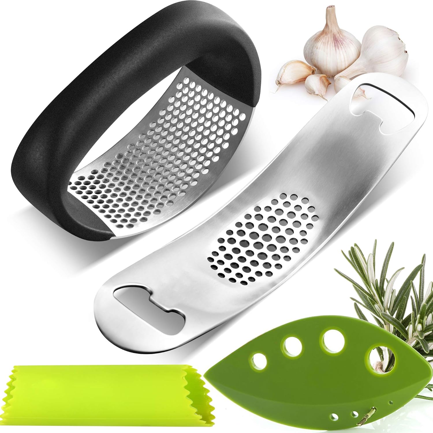 Garlic Press Rocker + Garlic Silicone Roller Peeler + herb stripper ,with Bottle Opener.Stainless Steel Ginger Crusher Squeezer Slicer Mincer Chopper with Ergonomic Handle Clean Easily Dishwasher Safe