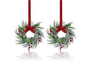 JUSTOTRY 2Pcs Christmas Wreath, 10 Inch Mini Wreaths for Kitchen Cabinets, Christmas Door Wreath, Small Christmas Wreath for Fireplace Window Farmhouse Indoor Home Decorations