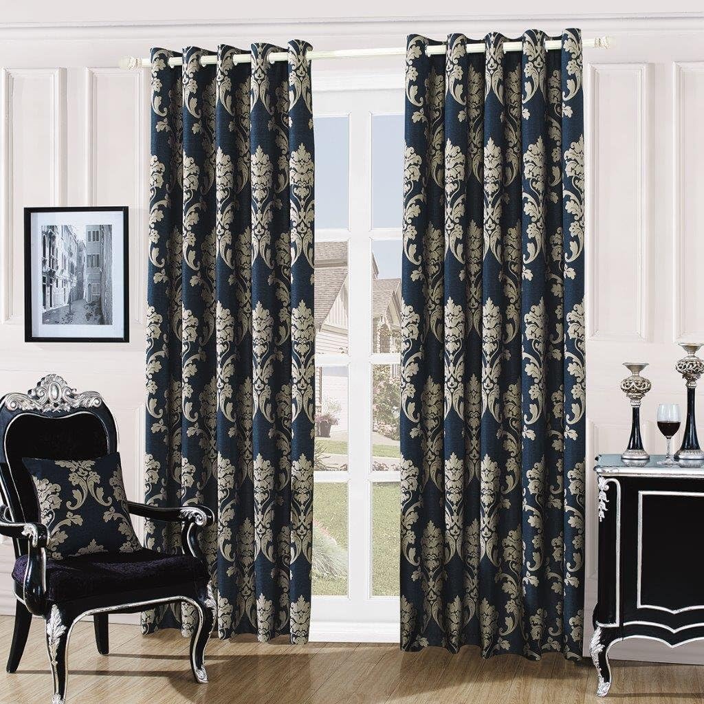 DAMASK EMBROIDERY LUXURY FULLY LINED EYELET CURTAINS + TIE BACKS (BLACK