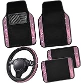 CAR PASS Bling Diamond Leather Steering Wheel Cover 14.5in-15in Floor Mats Shining Rhinestone Carpet Sparkly Glitter Crystal Anti-Slip Pad Fit Automotive SUV Pickup Truck Girl Women, 5pcs Black Pink