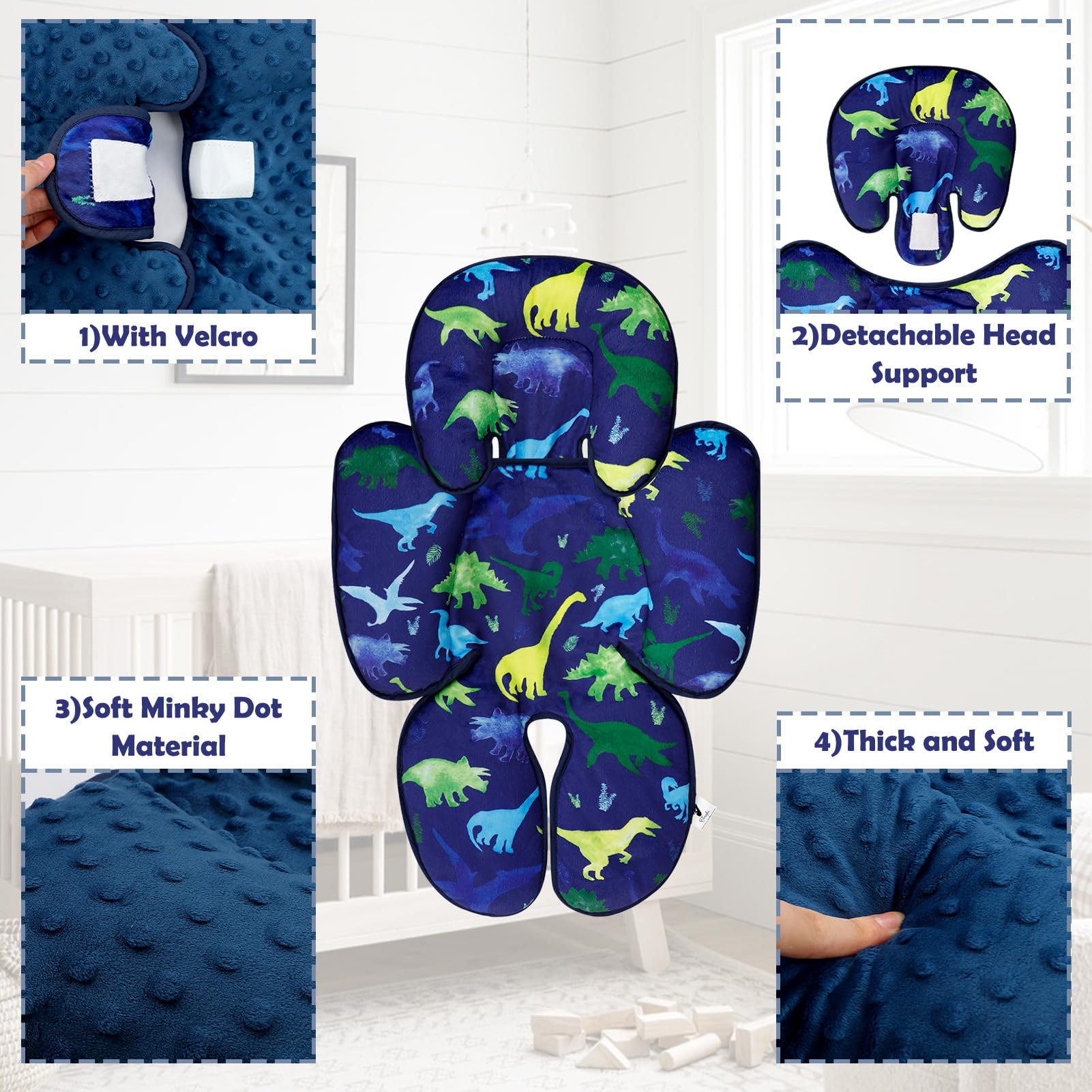 TANOFAR Car Seat Head Support Infant, Dinosaur Infant Car Seat Insert, 2-in-1 Reversible Baby Car Seat Head and Body Support, Soft Baby Car Seat Cushion for Newborn Boys