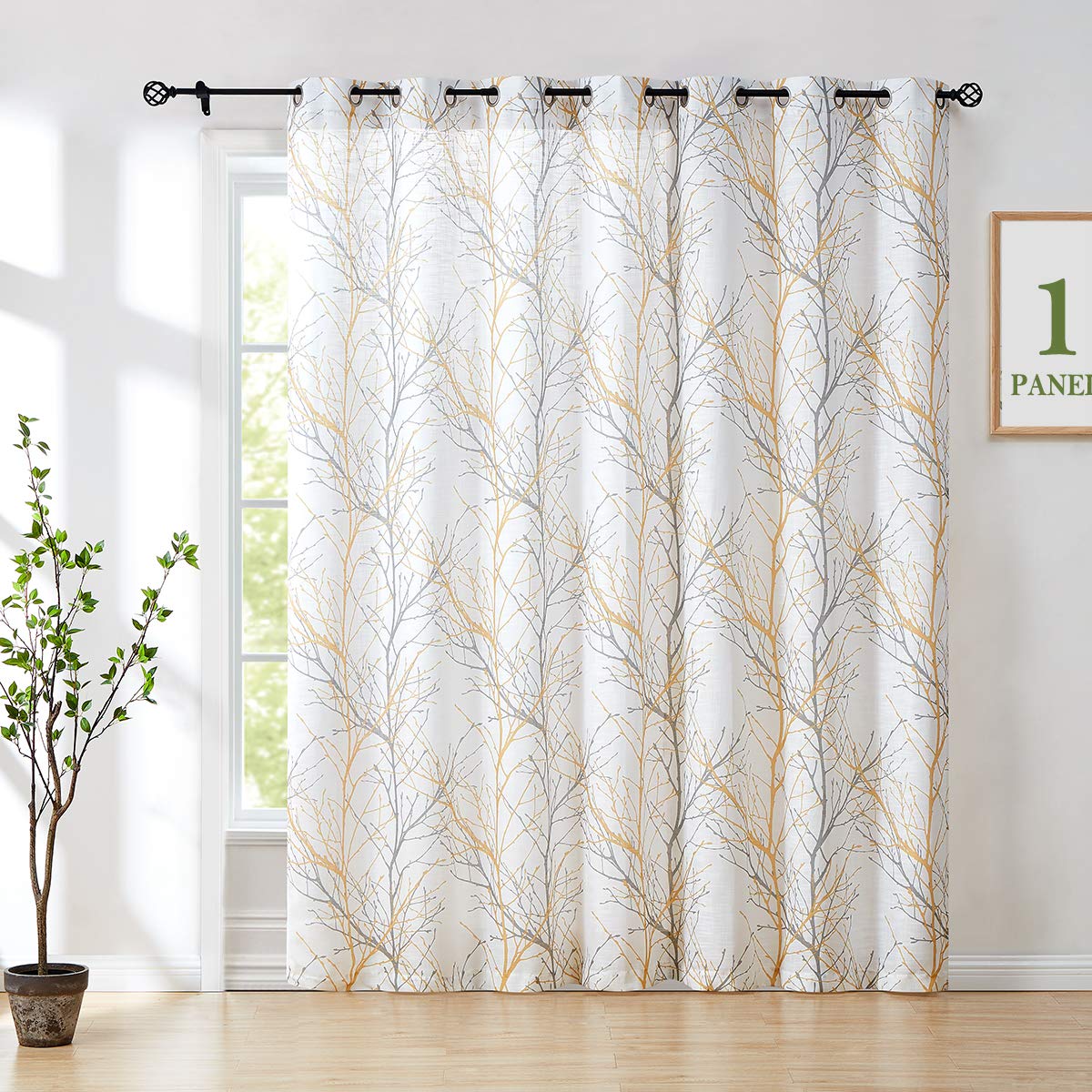 FMFUNCTEX Tree Yellow White Sliding Door Curtain for Living Room 100 x 84 Inches Long Branch Print Linen Texture Semi Sheer Curtain Farmhouse Rustic Window Drapery 1 Panel Grommet Top