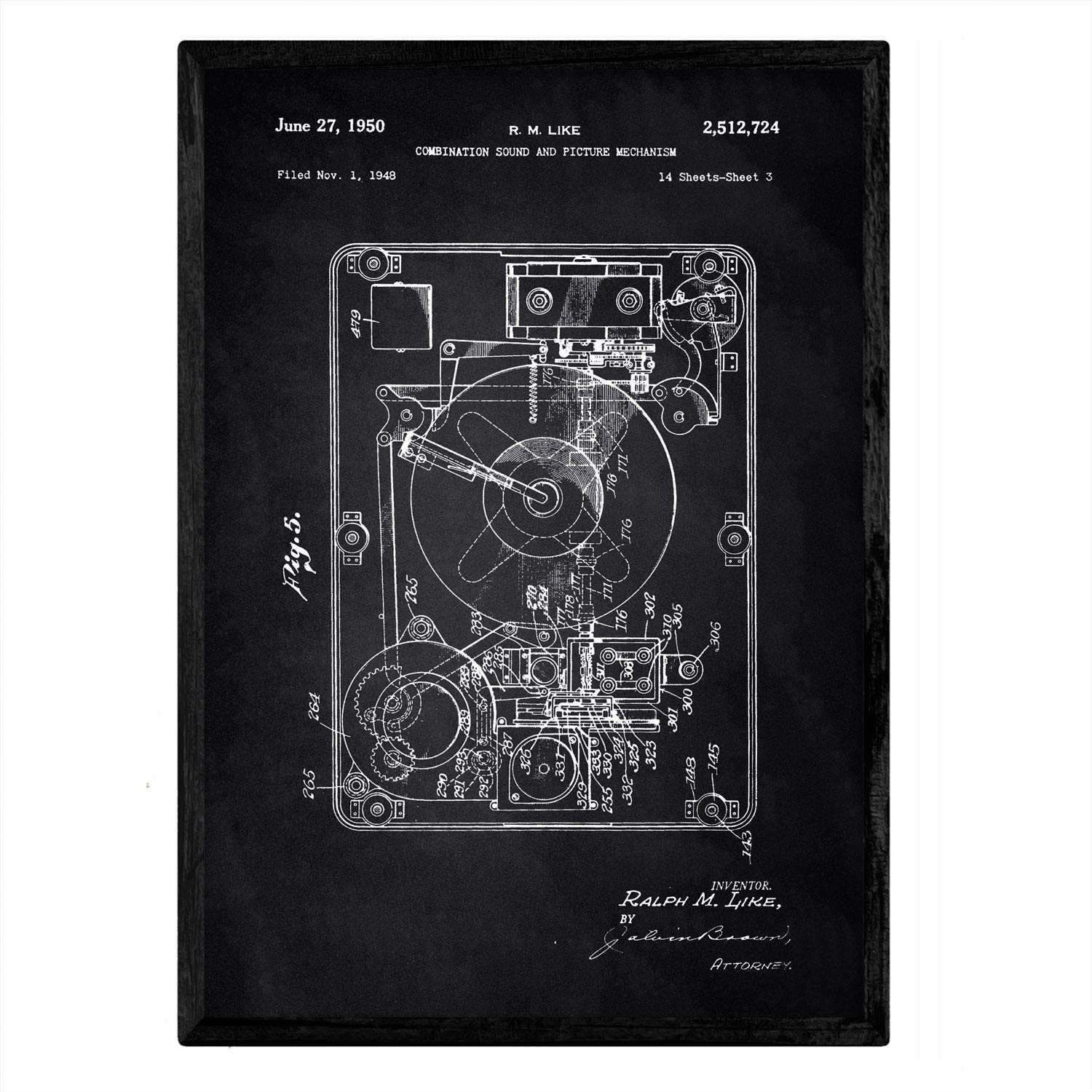 Nacnic Poster patent Sound and Image 2. Print with old design patent in A3 size with black background