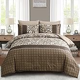 WONGS BEDDING Brown Comforter Set Queen, 7 Pieces Bed in a Bag Floral Patchwork Soft Microfiber Queen Sheet Set with Comforter, Flat Sheet, Fitted Sheet, Pillow Shams,Pillowcases