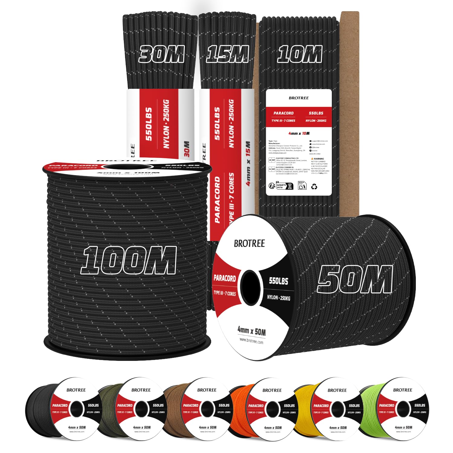 Brotree 4mm Paracord 550 15M 100% Nylon Rope 7 Strands Type III Parachute Cord for Outdoor and DIY - 250kg Breaking Load (Reflective Black)