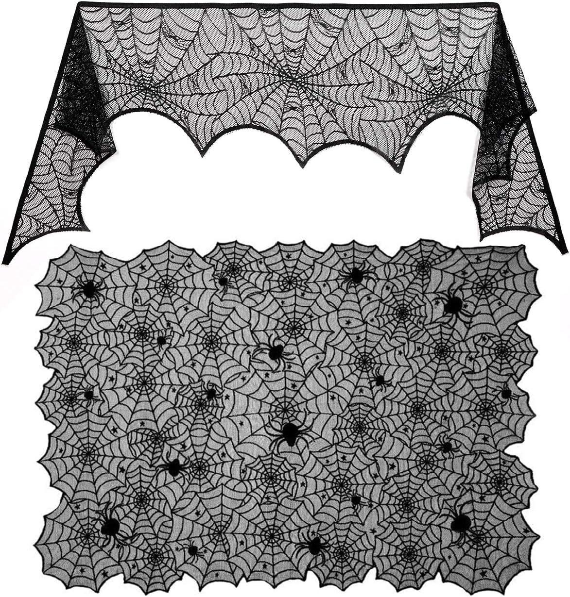 Sunnyglade Halloween 18"x96" Lace Spiderweb Fireplace Mantle Cover Fireplace Scarf & 54"x72" Rectangular Black Spider Web Lace Tablecloth, Festive Party Halloween Supplies: Kitchen & Dining