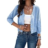 Kate Kasin Women's Cropped Cardigan Sweaters Trendy Lightweight 3/4 Sleeve Button Down Crochet Textured Shrugs Top