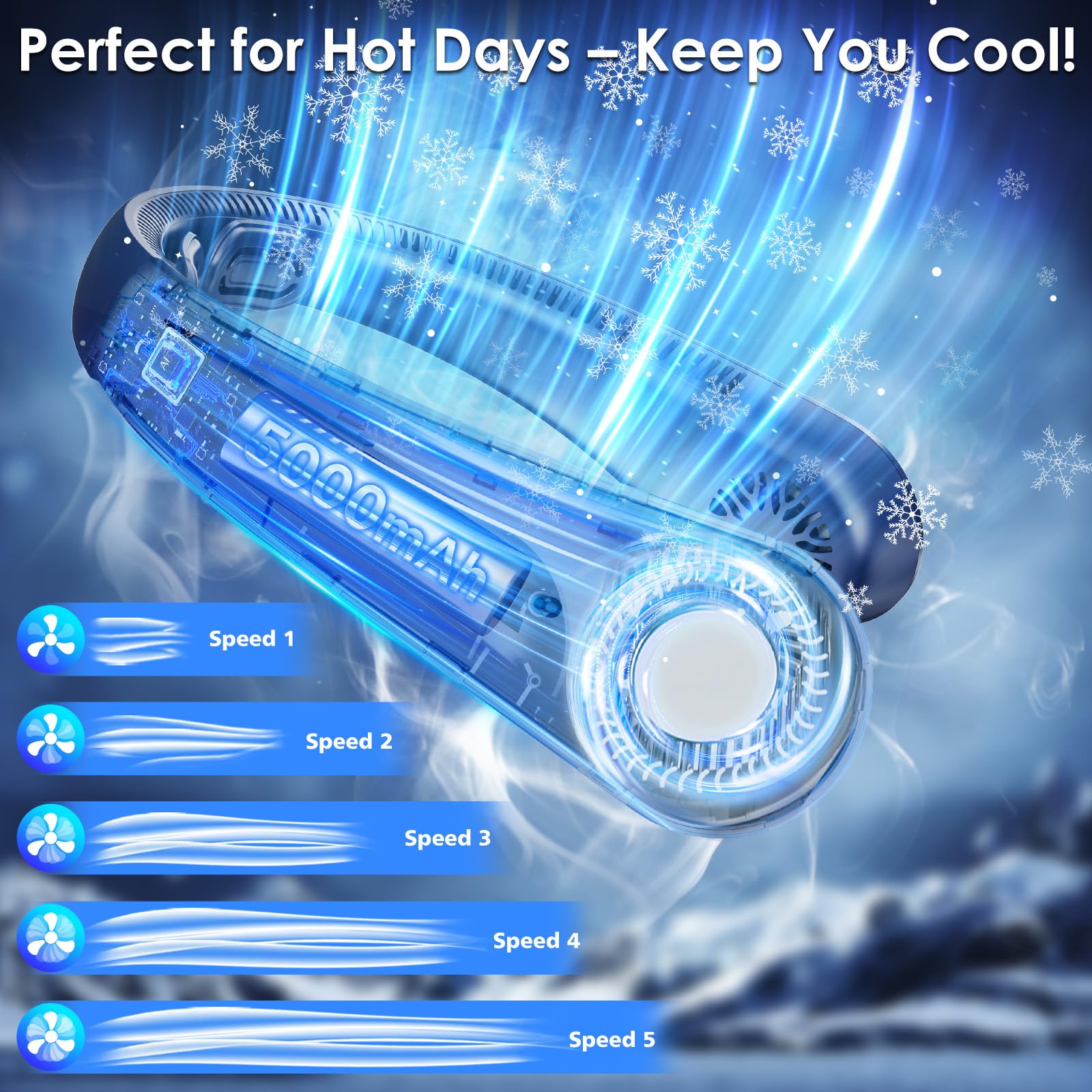 Portable Lightweight Neck Fan Rechargeable, 5 Speeds, Neck Support, USB Personal Bladeless Wearable Cooling Neck Fan for Hot Flashes, Disneyland, Travel, Christmas Gift for Men Women (Blue)