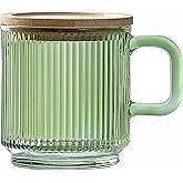 Lysenn Glass Coffee Mug with Lid - Premium Classical Vertical Stripes Glass Tea Cup - for Latte, Tea, Chocolate, Juice, Water - Lead-Free - Bamboo Lid - Lime Green