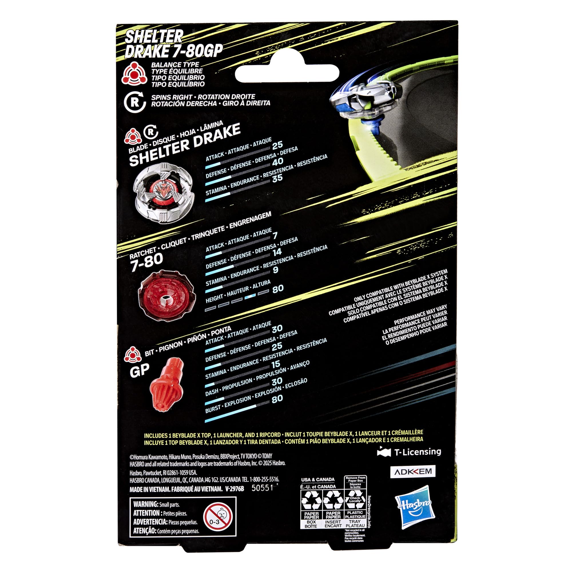 Beyblade X Shelter Drake 7-80GP BX Starter Pack Set with Takara Tomy Balance Type Top and Launcher, Battling Tops Game Toys, Ages 8+