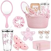 Hafublic 9Pcs Valentine's Day Basket Gifts for Her, Pink Woven Basket Birthday Gift Set Include Woven Basket, Cup, Earring, Flower Clip, Valentine Gift Stuffers for Mom Wife Daughter Teen Girlfriend