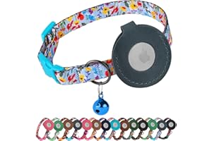 BUDKAS Airtag Cat Collar with Bell - Non Breakaway Soft Pet Collar with Leather Air Tag Holder - Adjustable GPS Anti-Lost Collars for Girl Boy Cats Kitten Puppies, Lightweight and Patterned (Blue Flowers)
