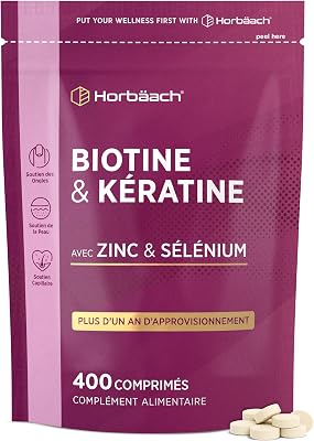 Biotine Cheveux avec Kératine et Zinc - 400 Comprimés - +1 An de Réserve