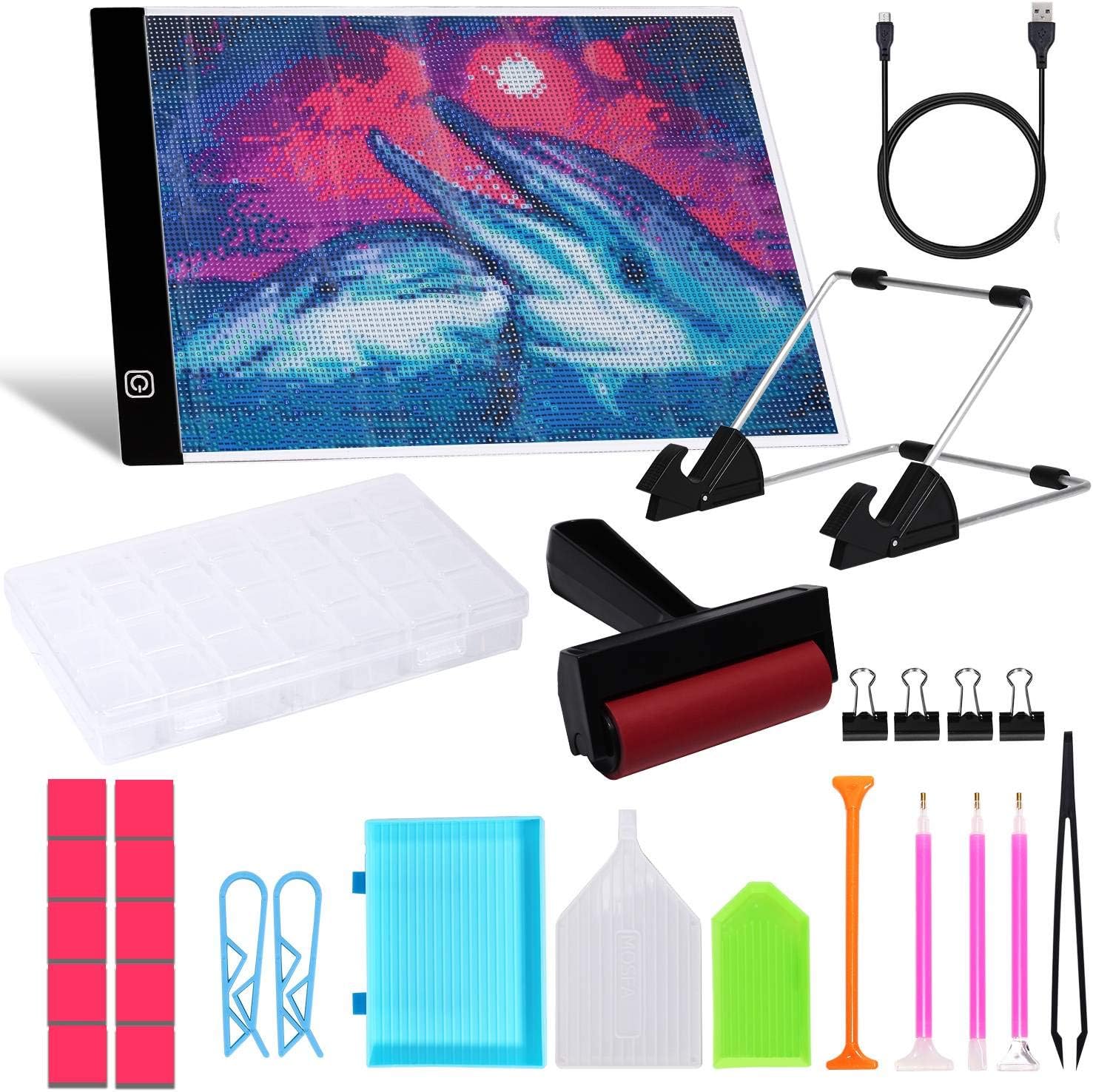 29 Pieces Diamond Painting Tool Including A4 LED Light Pad, Diamond Stitch Pen, Plastic Tray, Diamond Painting Roller, Stand Holder and Diamond Embroidery Box for Diamond Painting, Best Christmas Gift