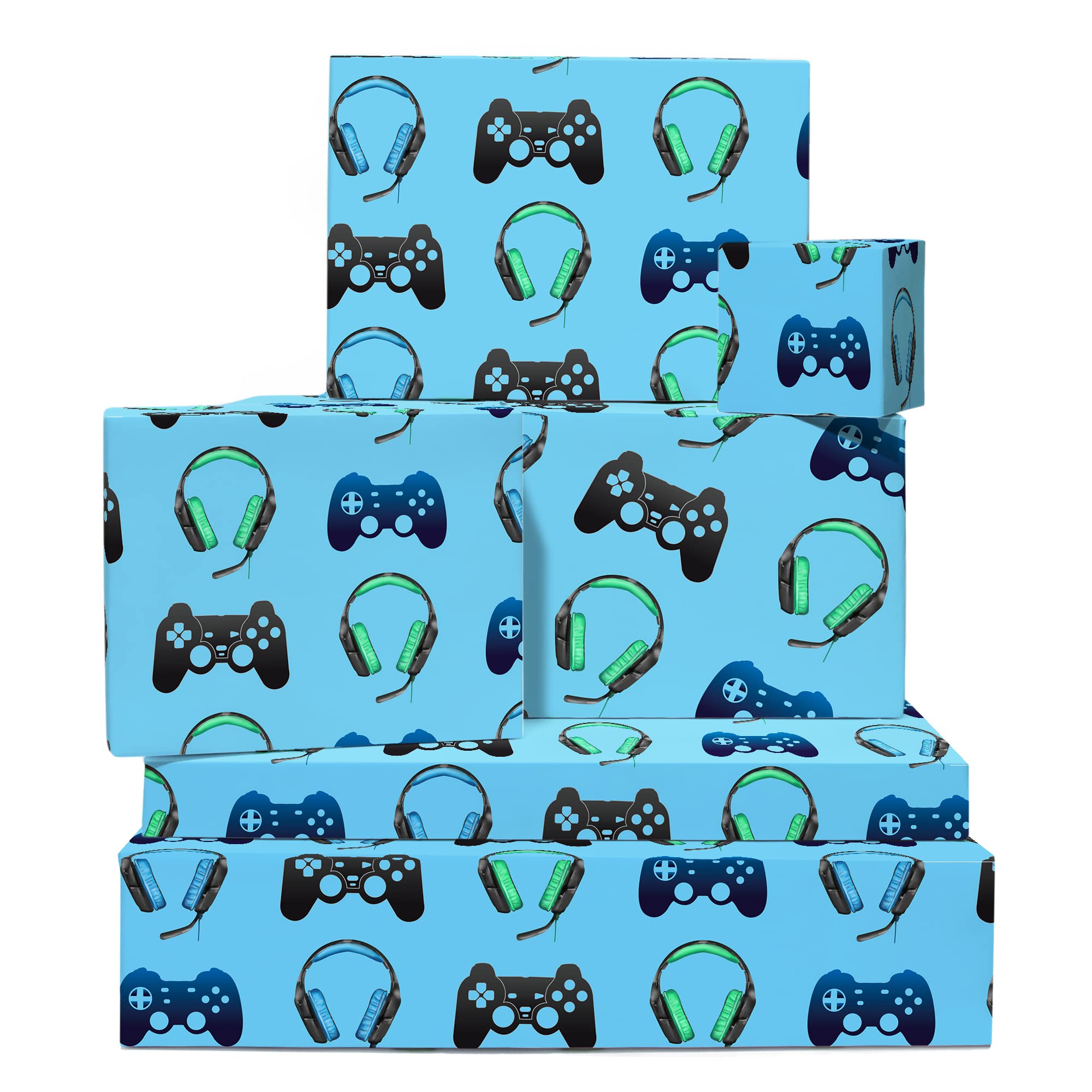 Gamer Wrapping Paper - Boys Wrapping Paper - 6 Sheets of Gift Wrap - For Boy Men Boyfriend - Comes with Fun Stickers - By Central 23