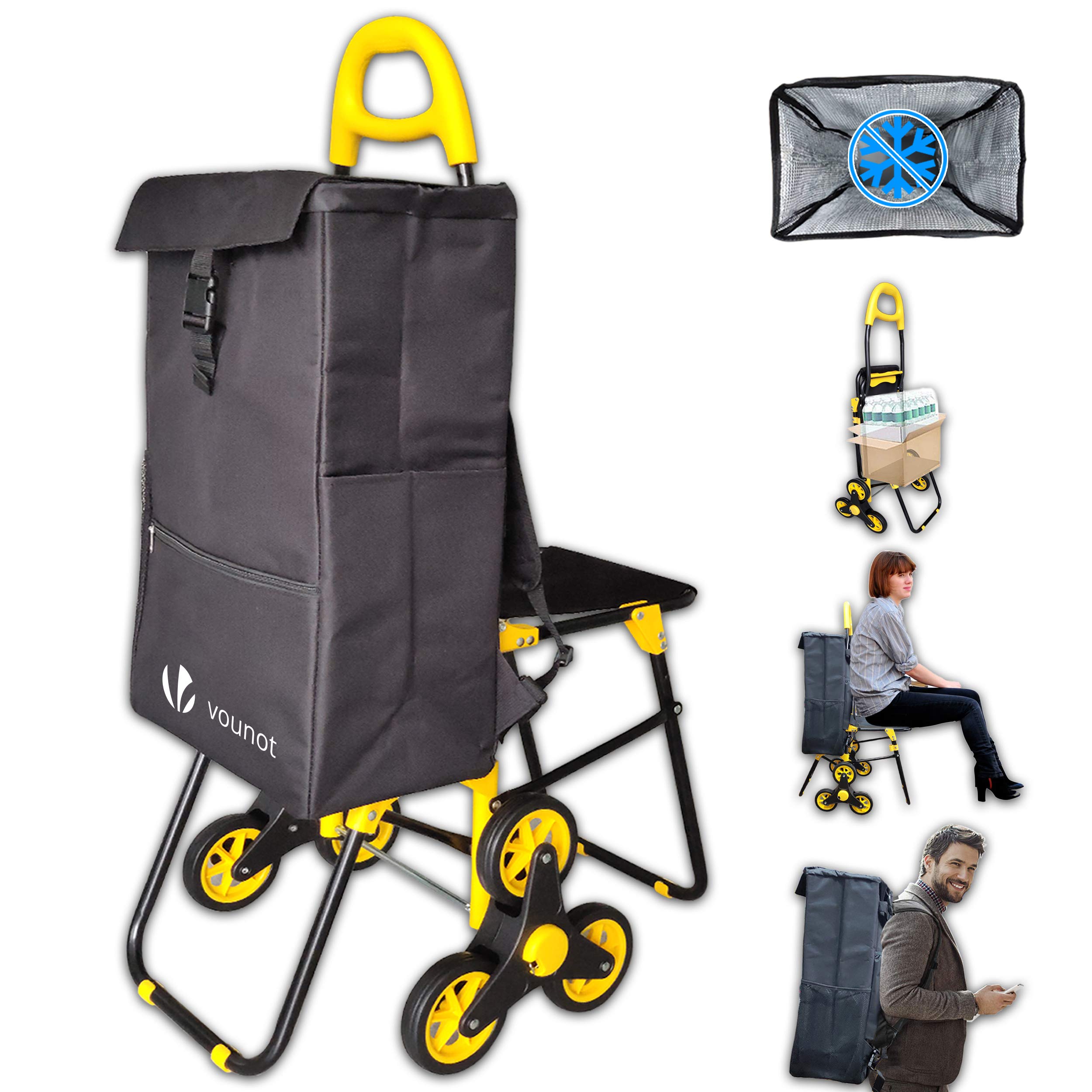 VOUNOT Shopping Trolley 2920551186532, 35L Waterproof, 6 Wheels Stair Climbing, Foldable Utility Cart with Seat, 95KG Weight Capacity, Black&yellow