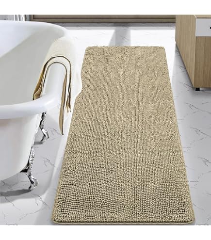 60x24 Inch Long Bathroom Rugs – Washable Non-Slip Beige Bath Mat, High Pile Soft