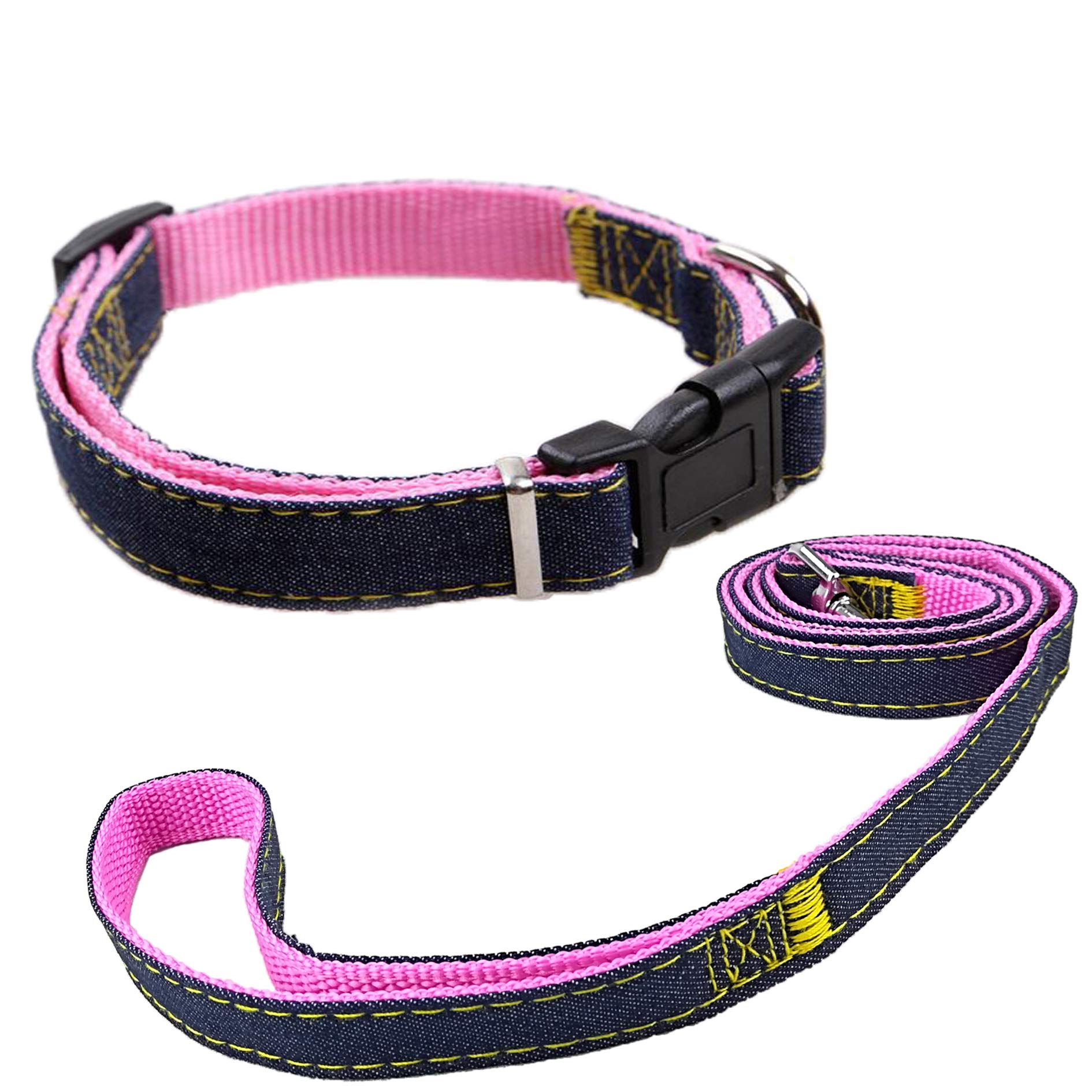 Newtensina Fashion Dogs Collar and Leash Set Denim Cloth Puppy Collar with Leashes for Dogs - Pink - M