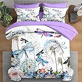 Pamnest Comforter Set Queen Size, Dragonfly Flower 7 Pcs Bedding for Kids and Adults, Purple Rose Hydrangea Bed Sheet Sets with Fitted Sheet 2 Pillowcases & 2 Shams for Bedroom Bed Decor