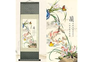Newscz Asian Wall Art for Living Room Scroll Silk Scroll Painting Art Poster Four Gentlemen of the Garden - Orchid Oriental Art Chinoiserie Decor Vertical Mural Ready to Hanger 36 by 12 in