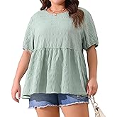 Agnes Orinda Plus Size Babydoll Tops for Women Crewneck Short Sleeve Shirts Top Loose Fit Flowy Summer Blouse 2025