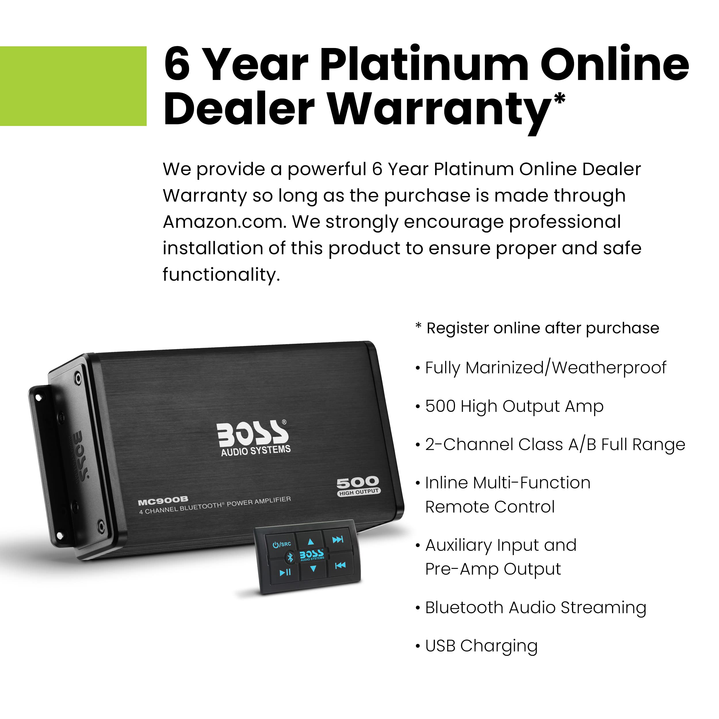 BOSS Audio Systems MC900B 4 Channel Amplifier for ATV UTV Car Marine - 500 High Output, Low Level Inputs, Full Range, Weatherproof, Bass for Subwoofer