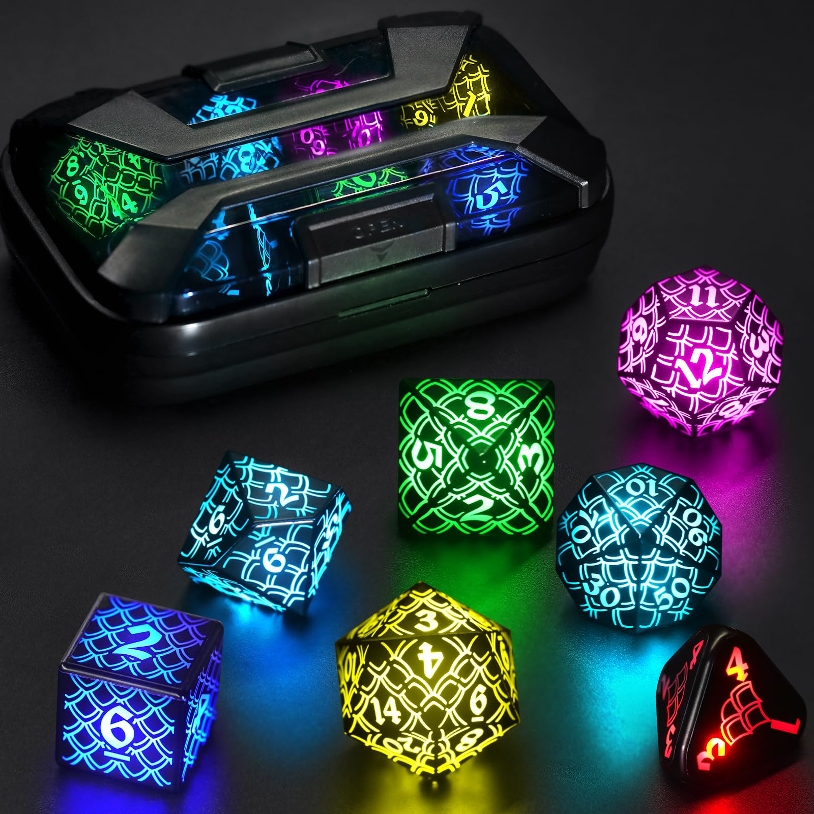 ZHOORQI LED Dice Set DND Rechargeable, DND Dice Wireless Charging, RGB Light up Dice for D and D Role Playing Dice Gifts(RGB-Dragon Scale) — image 1