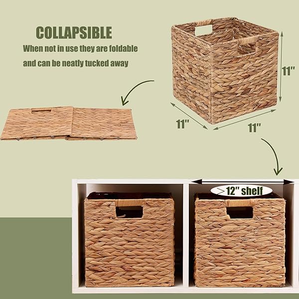 JGJCYO9 STORAGE BASKETS 11X11INCH CUBE BASKETS 4 PCS BASKETS,FOLDABLE HANDWOVEN WATER HYACINTH LAUNDRY ORGANIZER,CUBE STORAGE BASKETS