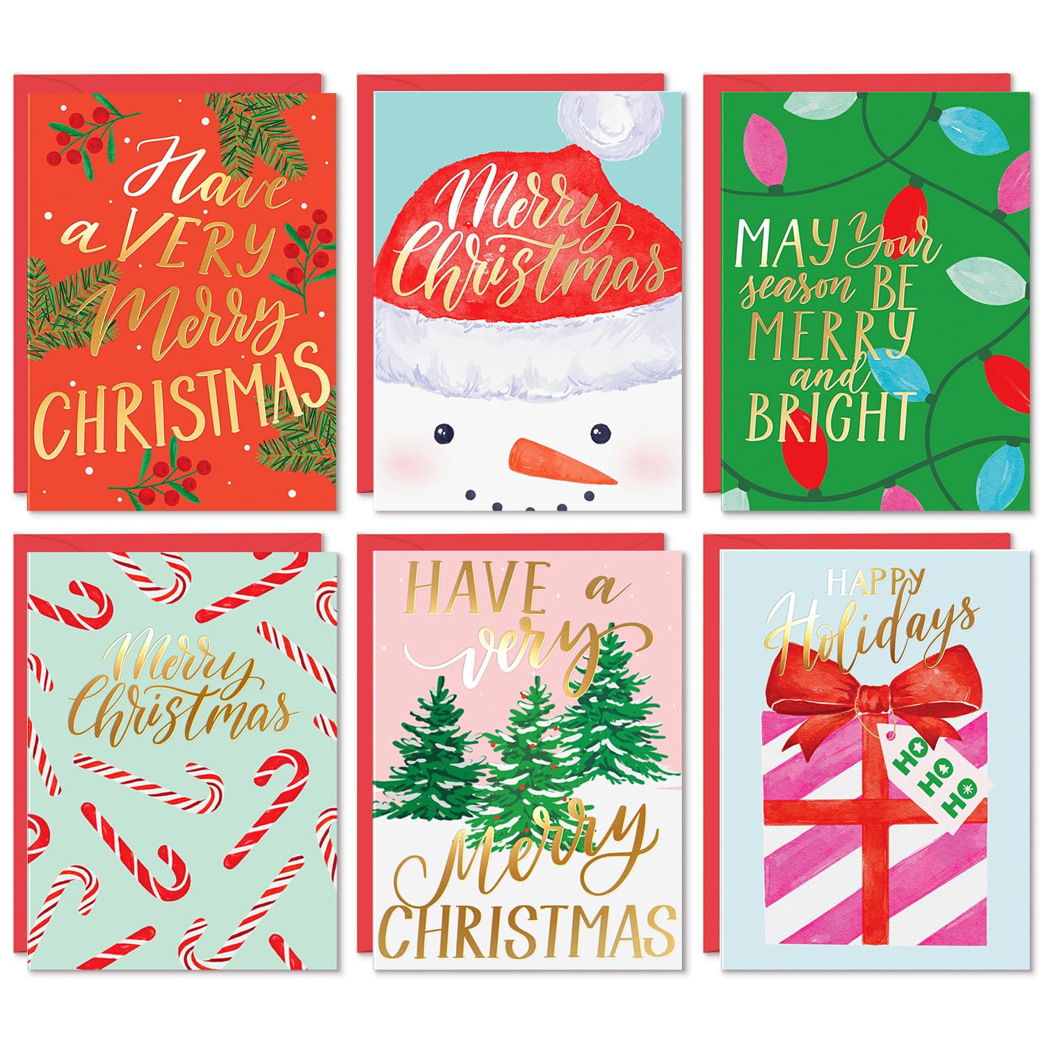 SWEETZER & ORANGE Christmas Cards Set - 24 Gold Foil Holiday sheets with Decor Red Envelopes – 6 Assorted Designs Boxed for Easy Storage - Bulk Greeting and happy New Years Cards - 4.25”x5.75”