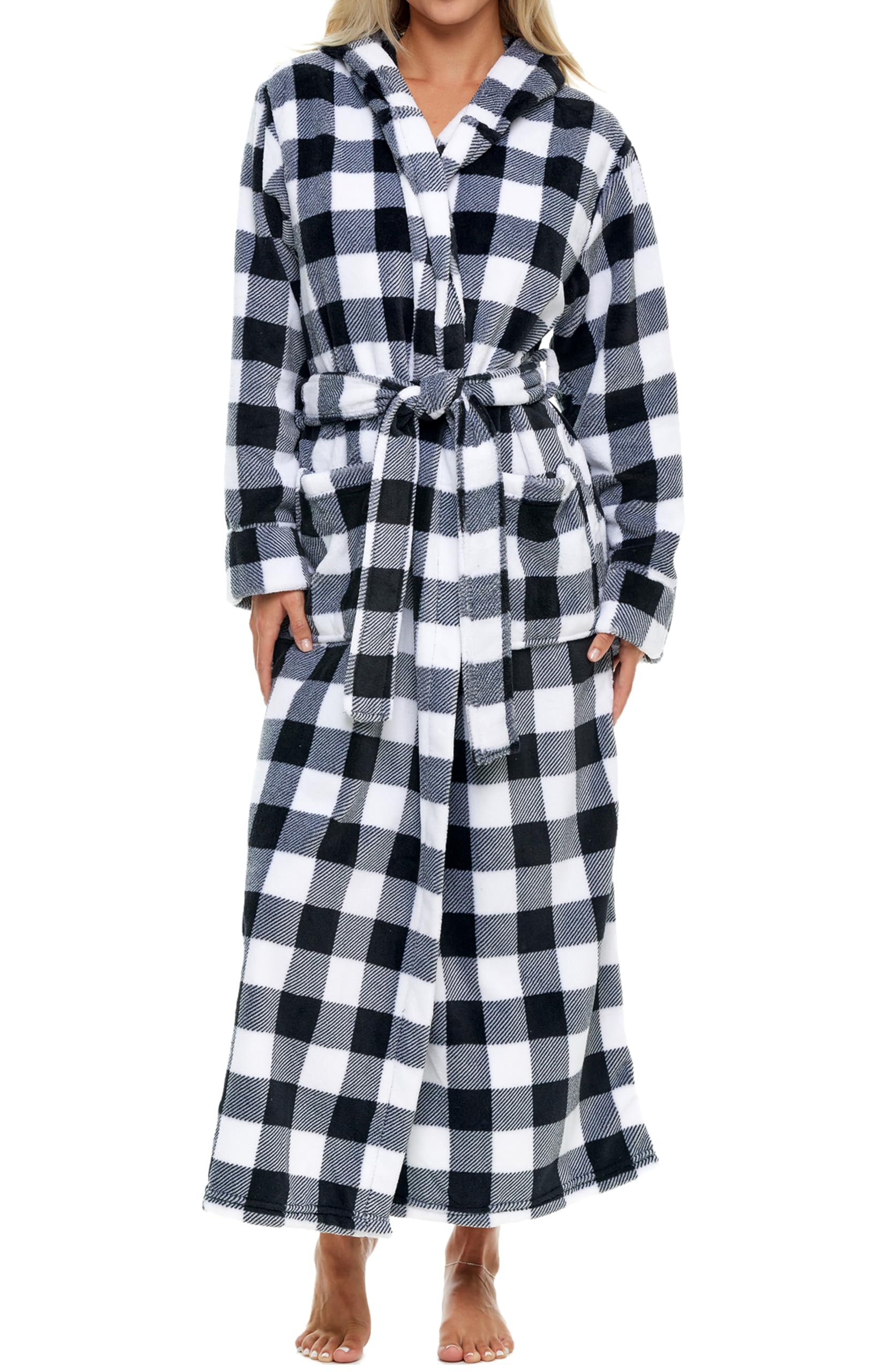 Alexander Del Rossa Womens Robe, Long Plush Bathrobe with Hood, Hooded Robes for Women Plus Size Bath Robe, Buffalo Check White Black Plaid, 3X Image