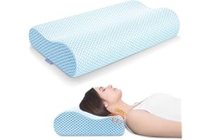 Anvo Memory Foam Pillow, Neck Contour Cervical Orthopedic Pillow for Sleeping Side Back Stomach Sleeper, Ergonomic Bed Pillow for Neck Pain - Blue White, Soft