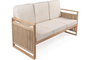 JONATHAN Y SFB1002A Gable 3-Seat Mid-Century Modern Roped Acacia Wood Outdoor Sofa with Cushions Scandinavian, Classic, Transitional, Industrial for Backyard, Patio, Porch, Beige/Light Teak